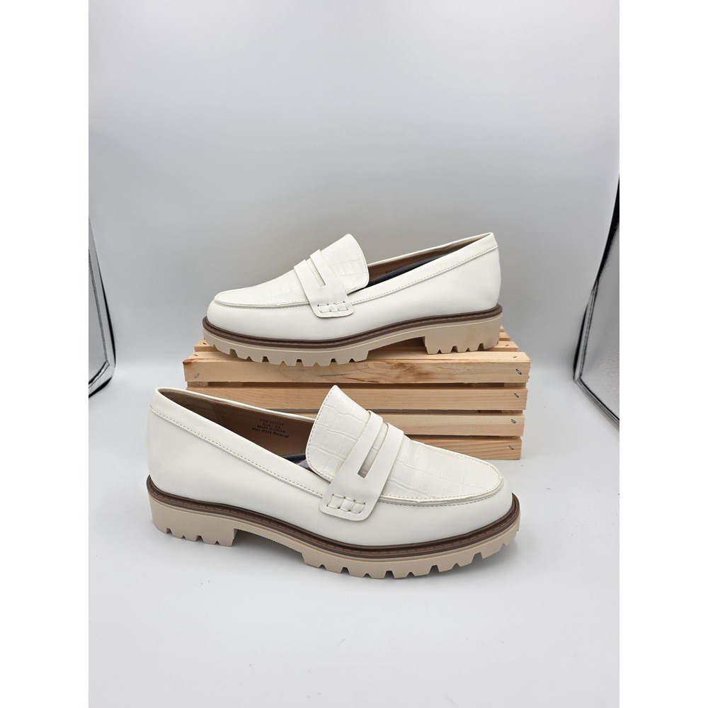 Kenly Loafers Women 8.5 White‎ Chunky Lug Sole Croc Embossed Penny Slip On Shoes